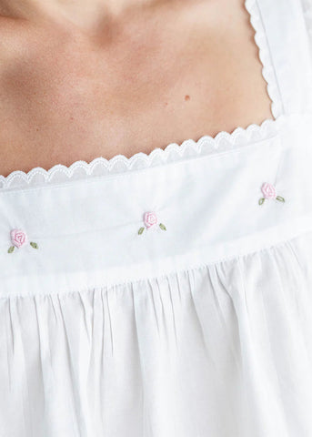Margot Embroidered Rosebud Gathered Sleeveless Nightgown in White