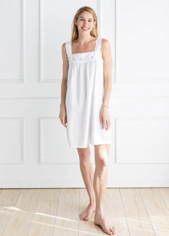 Margot Embroidered Rosebud Gathered Sleeveless Nightgown in White