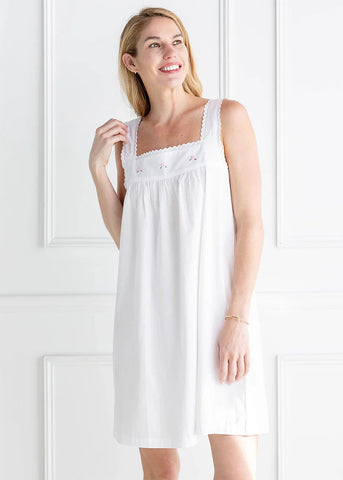 Margot Embroidered Rosebud Gathered Sleeveless Nightgown in White