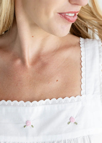 Margot Embroidered Rosebud Gathered Sleeveless Nightgown in White