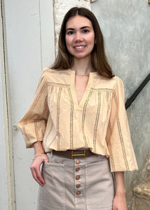 Rowan Embroidered Stripe Long Sleeve Blouse in Petal