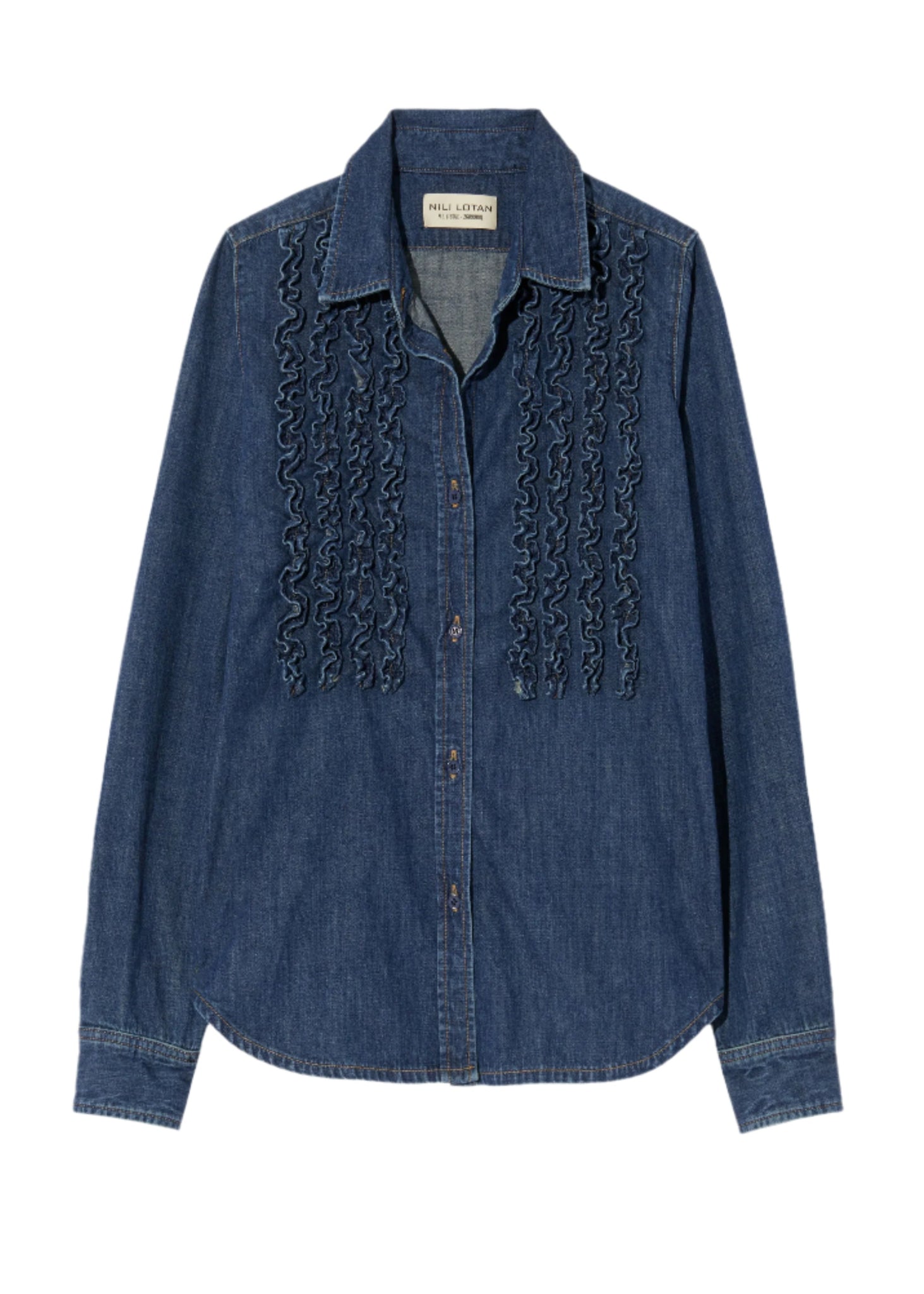 Lexa Denim Ruffle Front Long Sleeve Shirt in Classic Wash