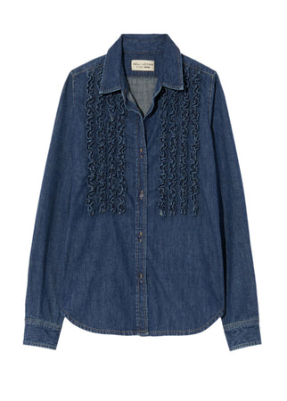 Lexa Denim Ruffle Front Long Sleeve Shirt in Classic Wash