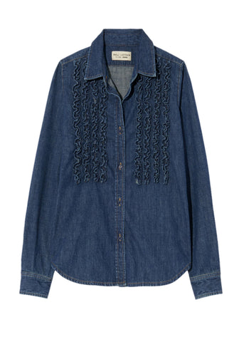 Lexa Denim Ruffle Front Long Sleeve Shirt in Classic Wash