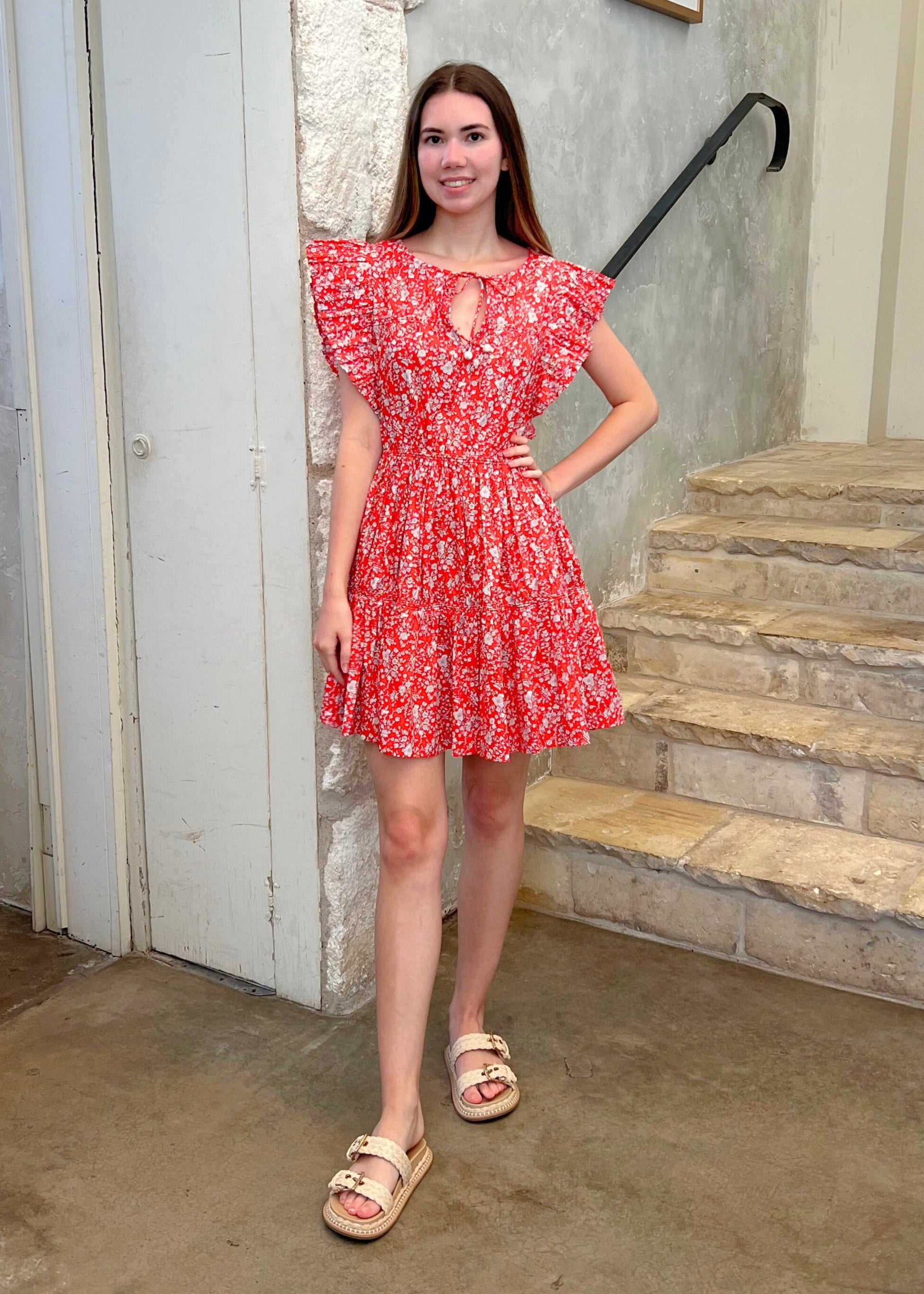 mini tunic dresses Lucille Liberty Print Flutter Sleeve Mini Tunic Dress in Red