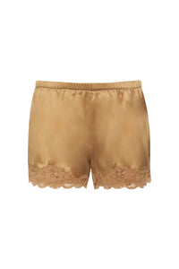 Floral Lace-Trimmed Silk Shorts in Fall Camel