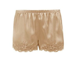 Floral Lace Trimmed Silk Shorts in Dune Sand