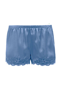 Floral Lace-Trimmed Silk Shorts in Mediterranean Blue