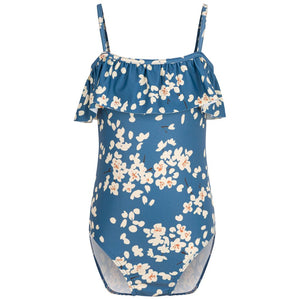Floral Print Ruffled One-Piece Swimsuit in Blue