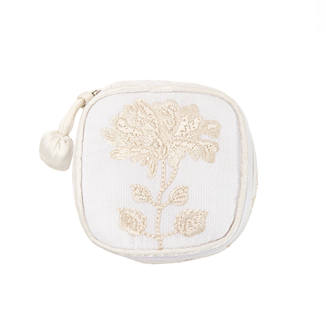 Embroidered Pique Jewelry Box with Ivory Satin Trim