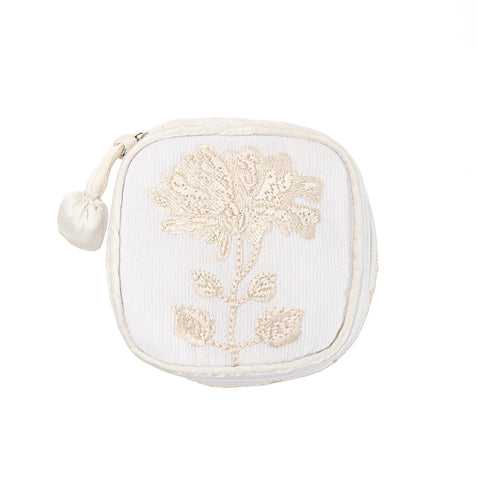 Peony Embroidered Jewelry Box with Ivory Satin Trim