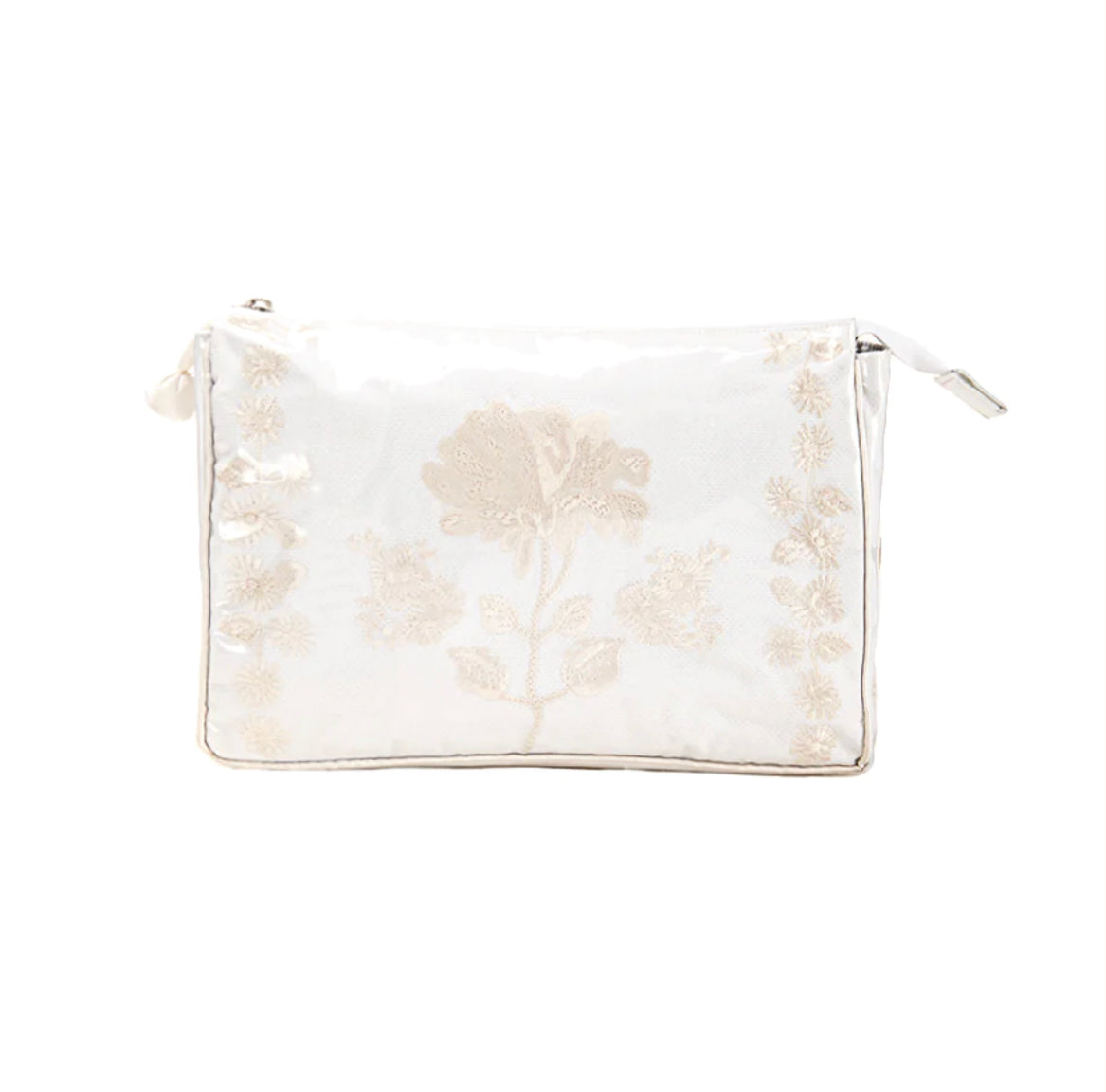 Embroidered Pique Makeup Bag with Ivory Satin Trim
