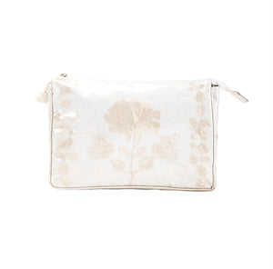 Peony Embroidered Large Makeup Bag with Ivory Satin Trim