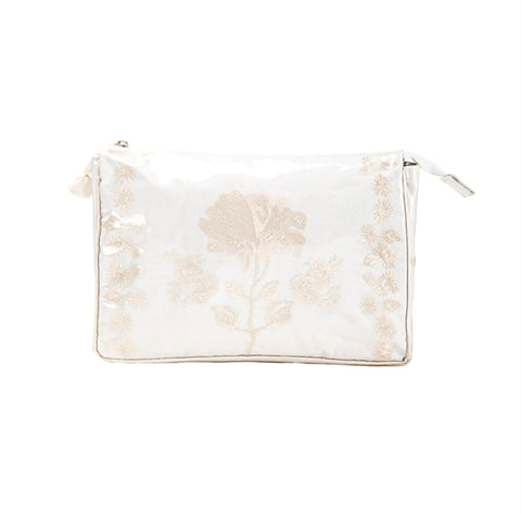 Peony Embroidered Large Makeup Bag with Ivory Satin Trim