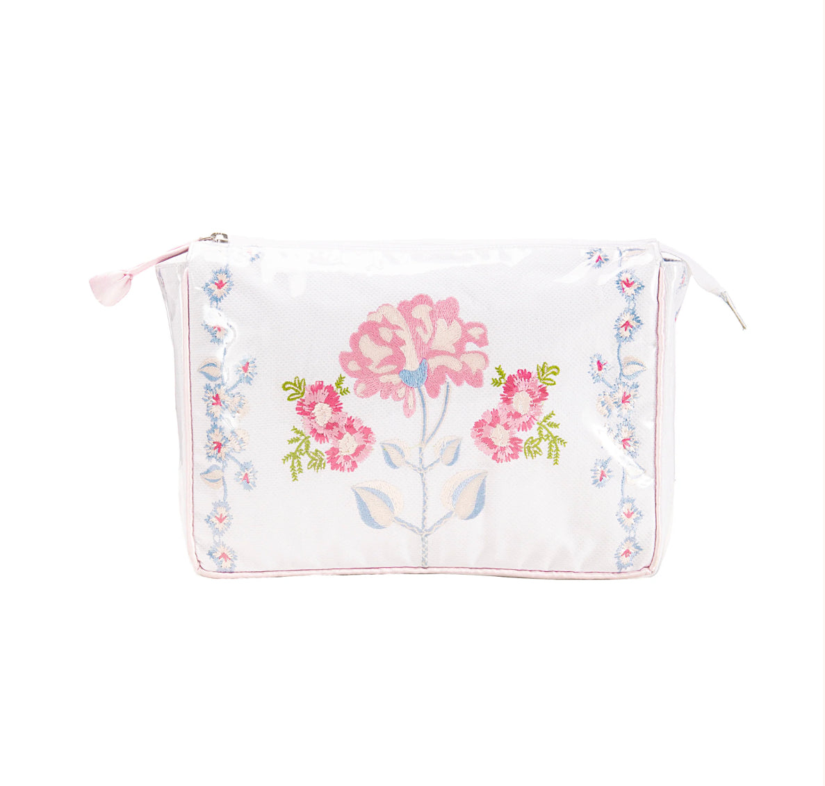 Embroidered Pique Makeup Bag with Pink Satin Trim
