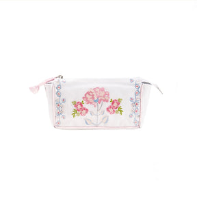 Embroidered Pique Makeup Pouch with Pink Satin Trim