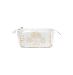 Embroidered Pique Makeup Pouch with Ivory Satin Trim