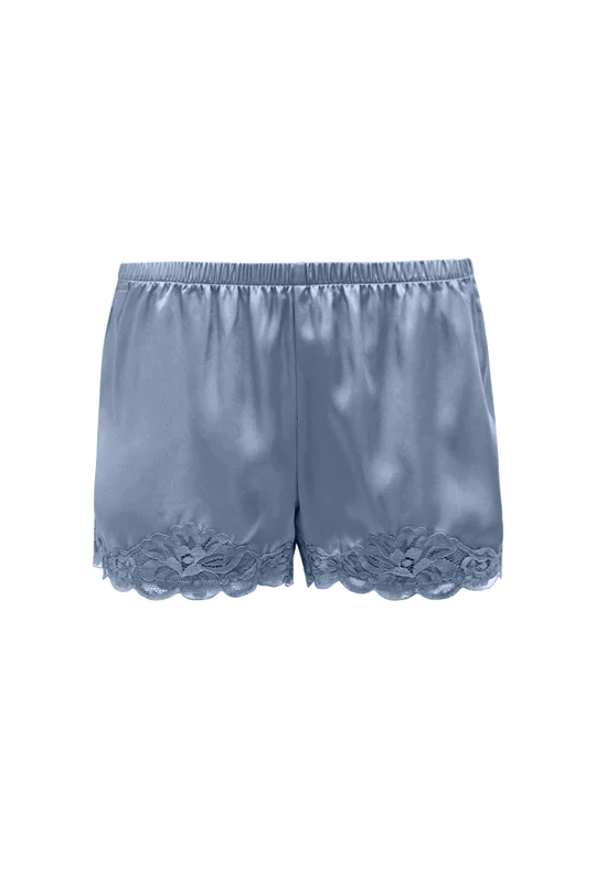 Floral Lace-Trimmed Silk Shorts in Ash Blue