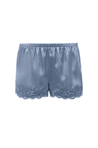 Floral Lace-Trimmed Silk Shorts in Ash Blue