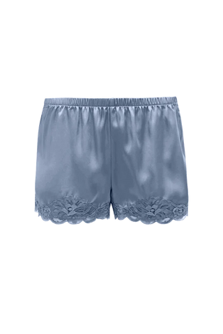 Floral Lace-Trimmed Silk Shorts in Ash Blue