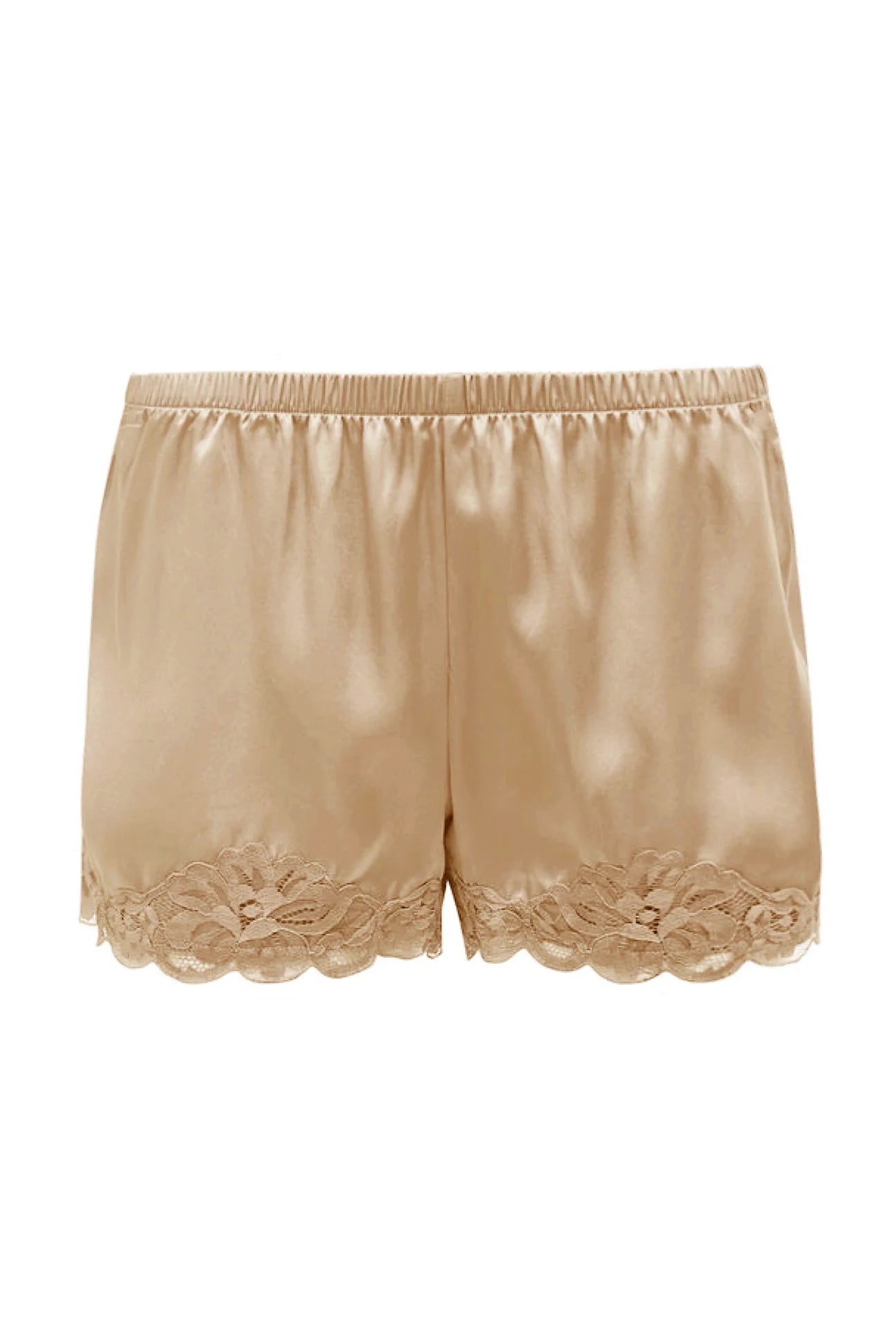 Floral Lace-Trimmed Silk Shorts in Desert Sand