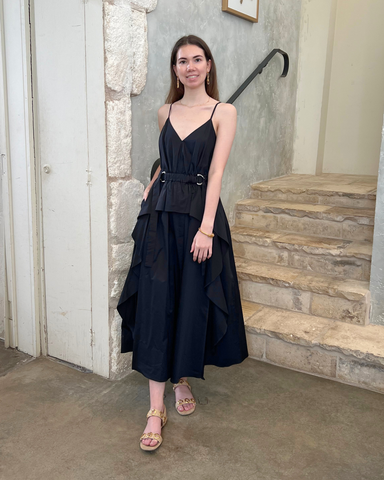 Hattie Spaghetti Strap Peplum Ruffle Midi Dress In Black