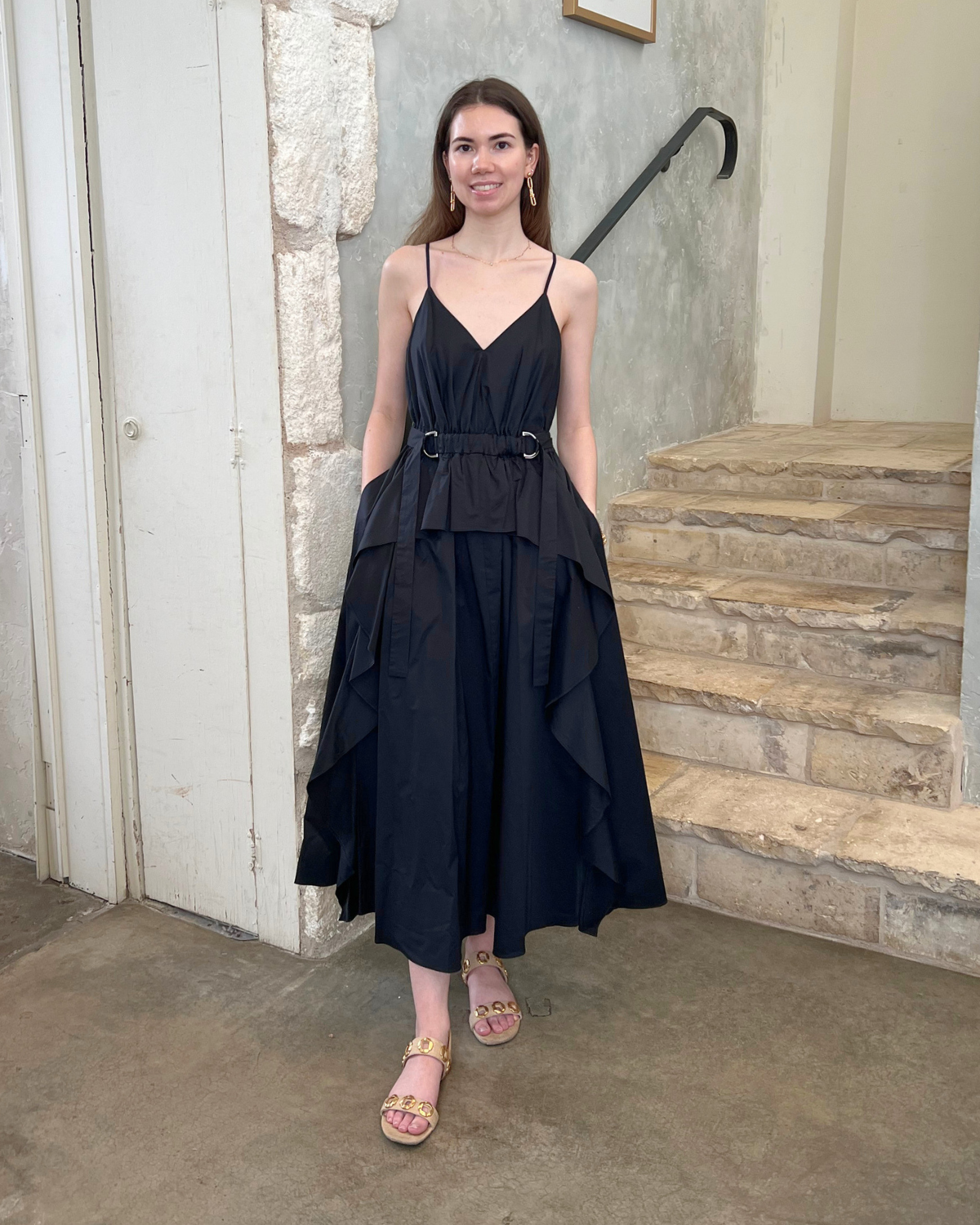 Hattie Spaghetti Strap Peplum Ruffle Midi Dress In Black