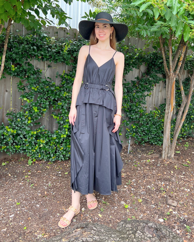 Hattie Spaghetti Strap Peplum Ruffle Midi Dress In Black