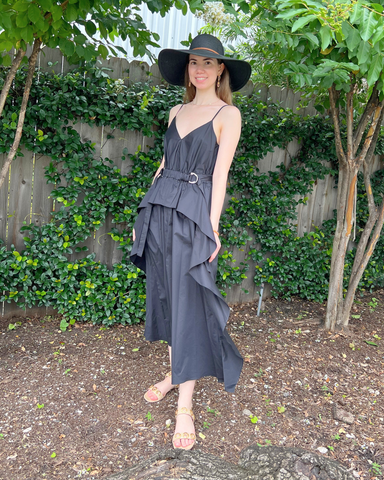 Hattie Spaghetti Strap Peplum Ruffle Midi Dress In Black