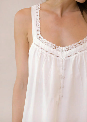 Hazel Scoop Neck Button Front Lace Sleeveless Long Nightgown In White