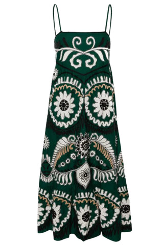 Charlough Printed Sleeveless Embroidered Midi Dress in Green