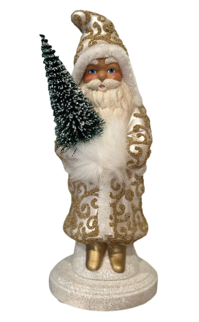 Hand Painted Santa in Gold Beaded Scroll Pattern Winter Coat, Hat + Fur Hand Muff with Fir Tree