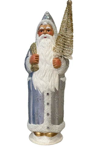 Hand Painted Silver Santa in Fur Trimmed Snowflake Motif Winter Coat + Hat with Toy Bag + Fir Tree