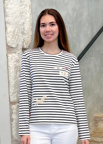 Athena Embellished Long Sleeve Striped T-shirt in Navy + White