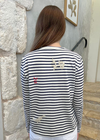 Athena Embellished Long Sleeve Striped T-shirt in Navy + White