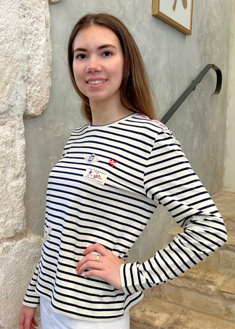 Athena Embellished Long Sleeve Striped T-shirt in Navy + White