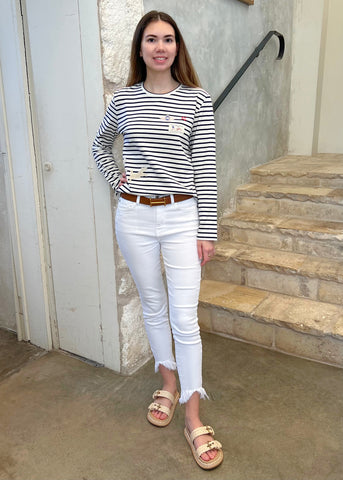 Athena Embellished Long Sleeve Striped T-shirt in Navy + White