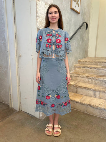 Rosaline Embroidery Midi Skirt in Blue