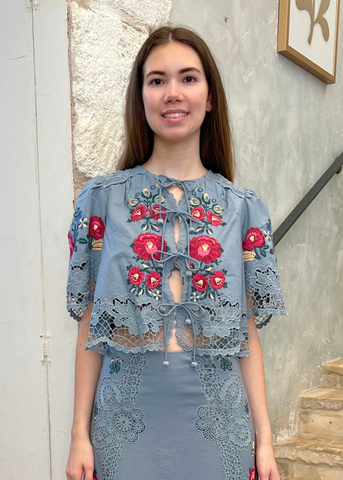 Rosaline Embroidery Half Sleeve Tie Front Top in Blue