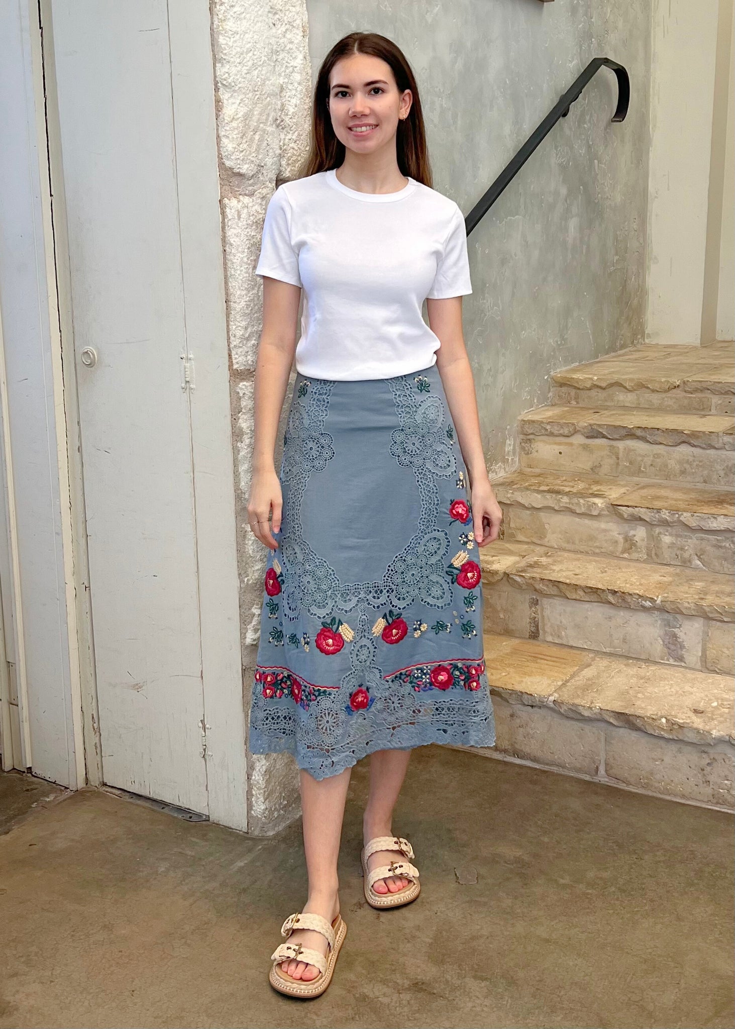 Rosaline Embroidery Midi Skirt in Blue