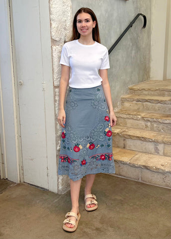 Rosaline Embroidery Midi Skirt in Blue