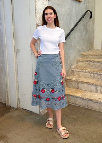 Rosaline Embroidery Midi Skirt in Blue