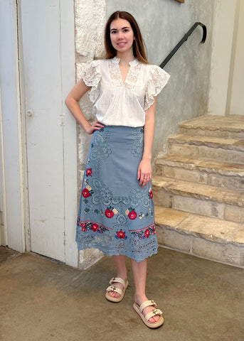 Rosaline Embroidery Midi Skirt in Blue