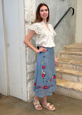 Rosaline Embroidery Midi Skirt in Blue