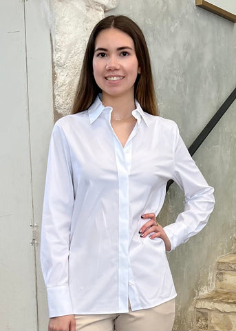 Long Sleeve Stretch Cotton Poplin Oxford Shirt with Chain Detail in Flash White