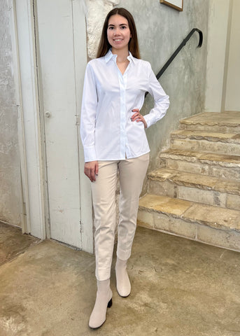 Long Sleeve Stretch Cotton Poplin Oxford Shirt with Chain Detail in Flash White