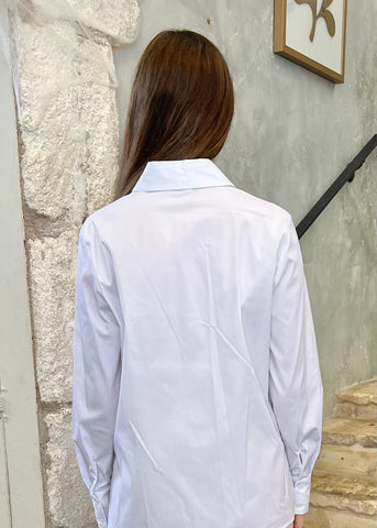 Long Sleeve Stretch Cotton Poplin Oxford Shirt with Chain Detail in Flash White