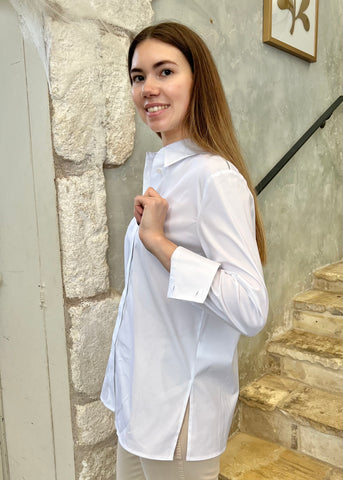 Long Sleeve Stretch Cotton Poplin Oxford Shirt with Chain Detail in Flash White
