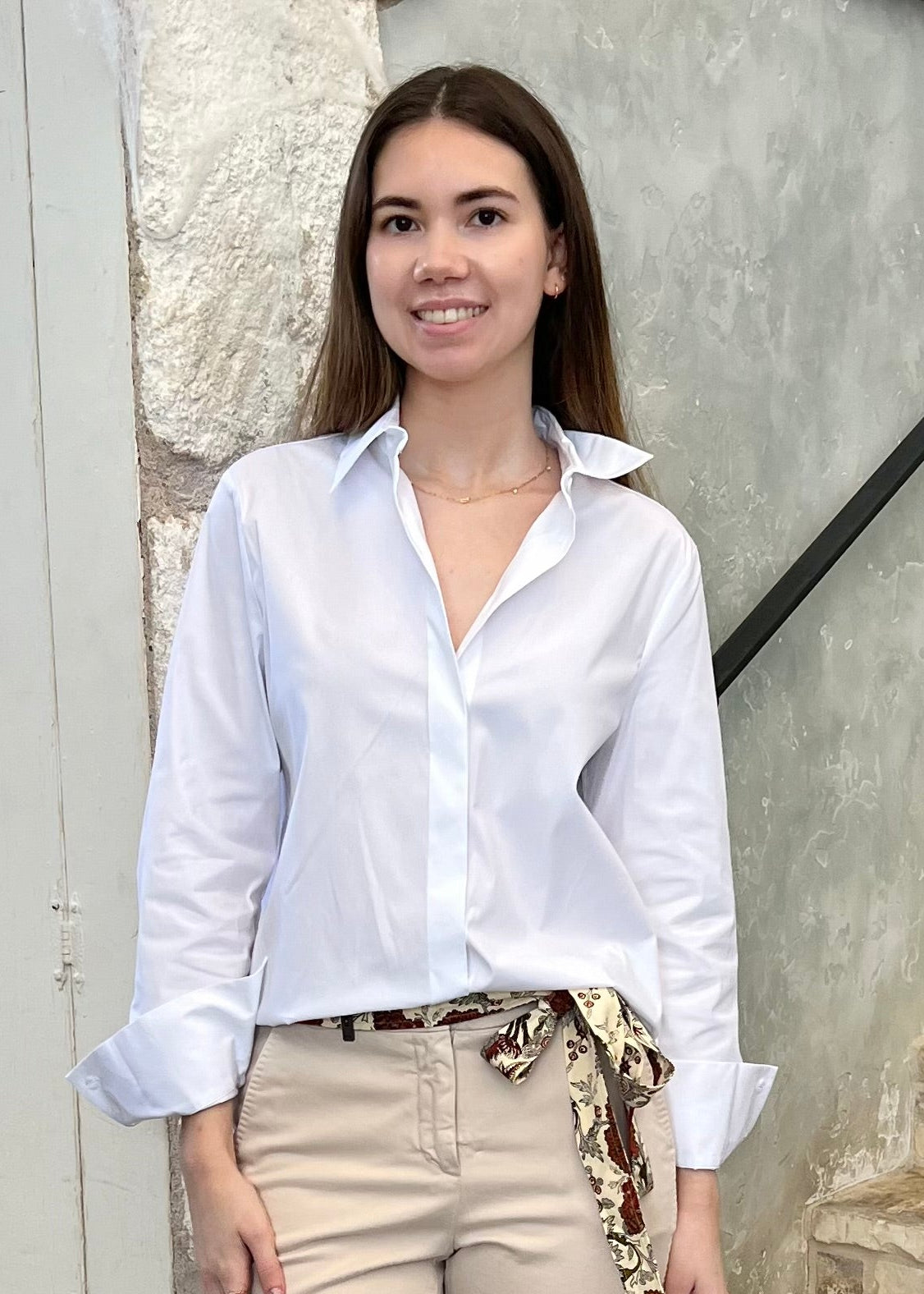 Stretch Cotton Poplin Long Sleeve Oxford Shirt in Pottery White