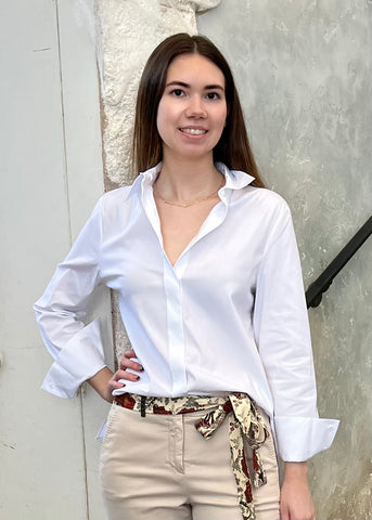 Long Sleeve Stretch Cotton Poplin Oxford Shirt with Chain Detail in Flash White